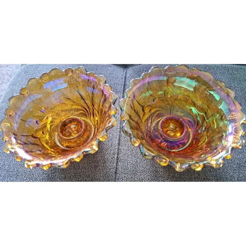 Vtg Indiana Carnival Glass Marigold Iridescent Wild‎ Rose Set Of 2 Candleholders